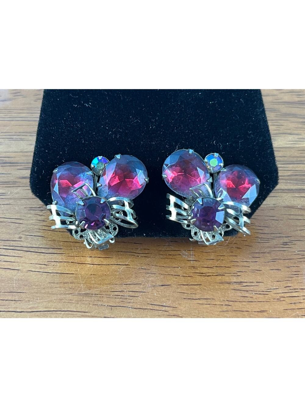 VTG Amethyst Toned & Auora Borealis Rhinestone Clip One Earrings MCM